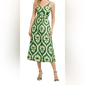 Linen Blend WHBM Green and Cream Dress